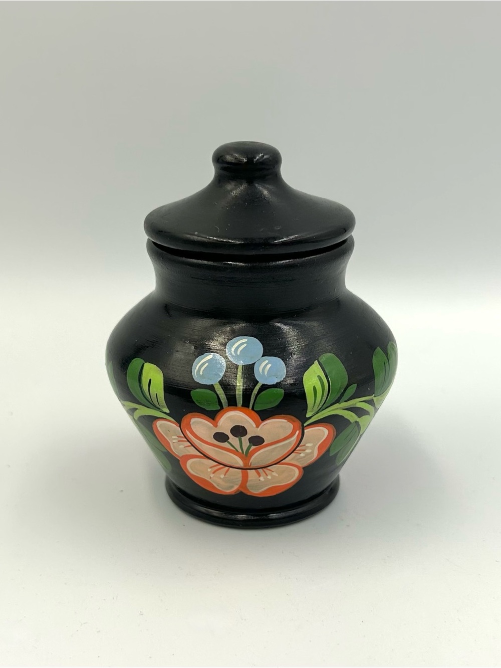 Handpainted Terracotta Lidded Jar: Black Glaze Floral Folk Art Flower Urn
